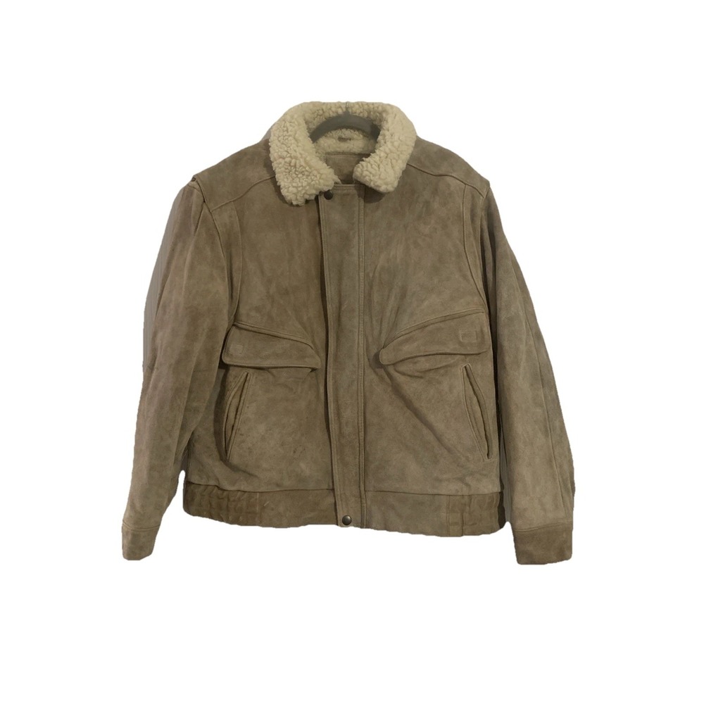 Red Sky Leather Jacket Mens Sz Large Aviator Bomber Sherpa Distressed khaki tan